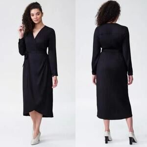 Universal Standard Dress Midi Black Wrap V Neck Long Sleeve Dark Academia Shirt